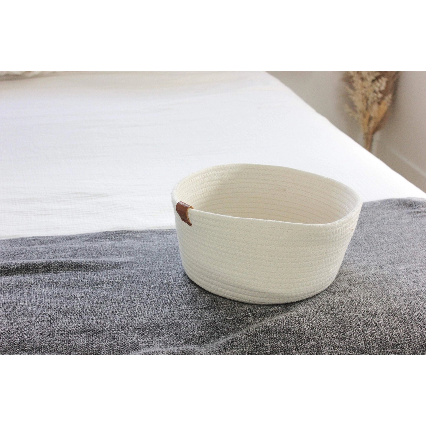 White Woven Cotton Rope Round Basket with Leather Accent