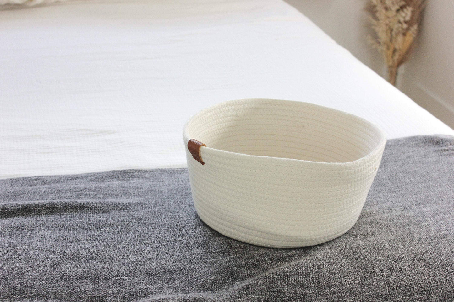 White Woven Cotton Rope Round Basket with Leather Accent