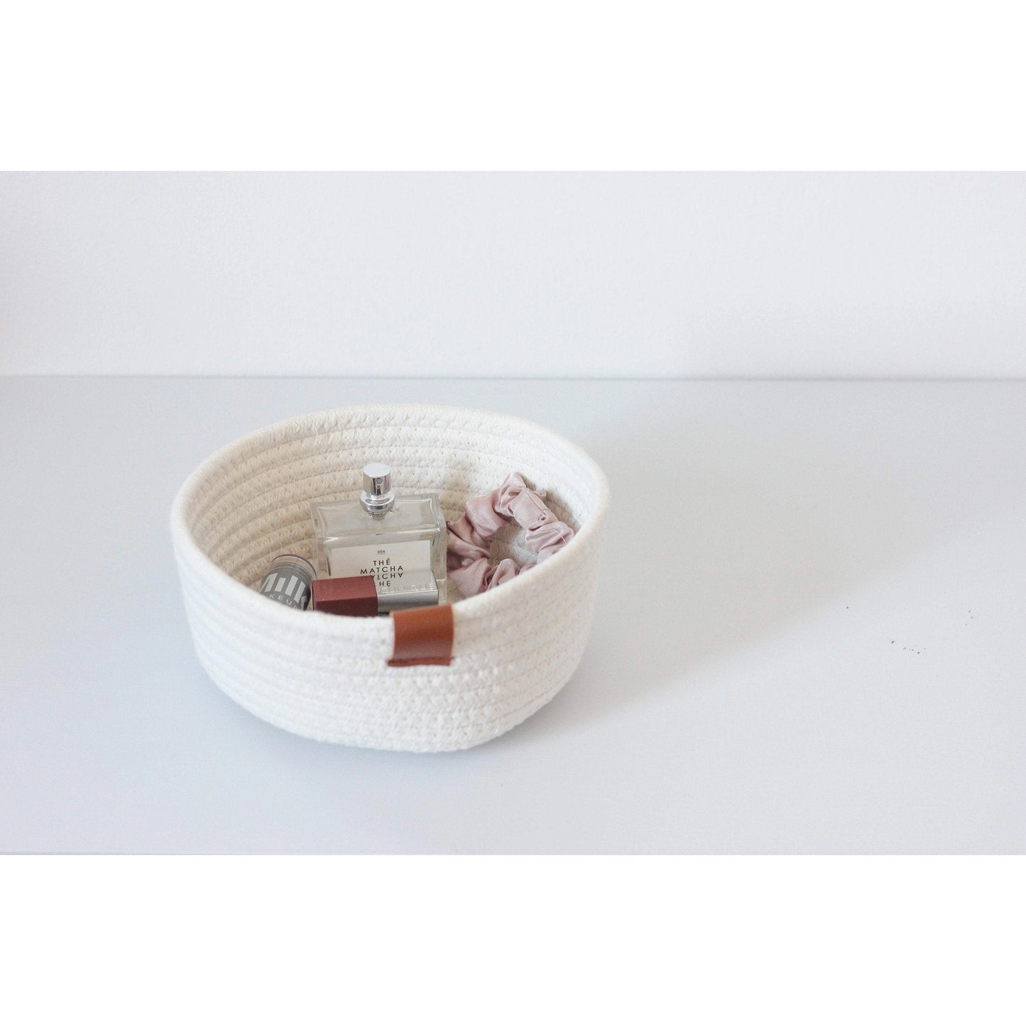 White Woven Cotton Rope Round Basket with Leather Accent