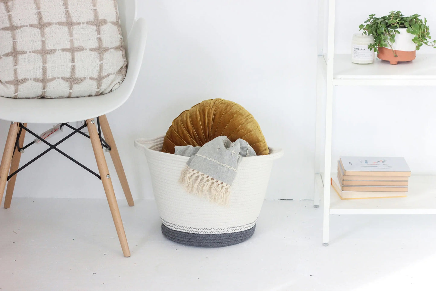 Minimal Dark Grey + White Cotton Rope Blanket Basket