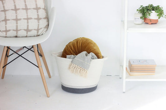 Minimal Dark Grey + White Cotton Rope Blanket Basket
