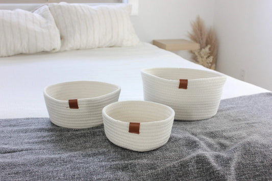 White Woven Cotton Rope Round Basket with Leather Accent
