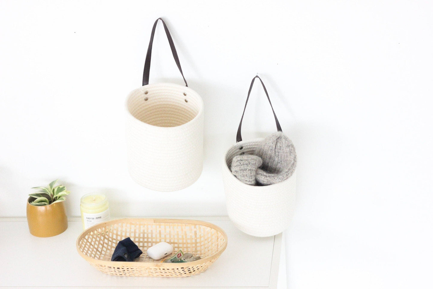 Hanging Storage White Cotton Rope Wall Basket