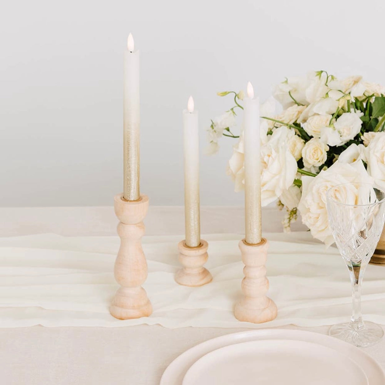 Wood Spindle Taper Candle Holders - Set of 3