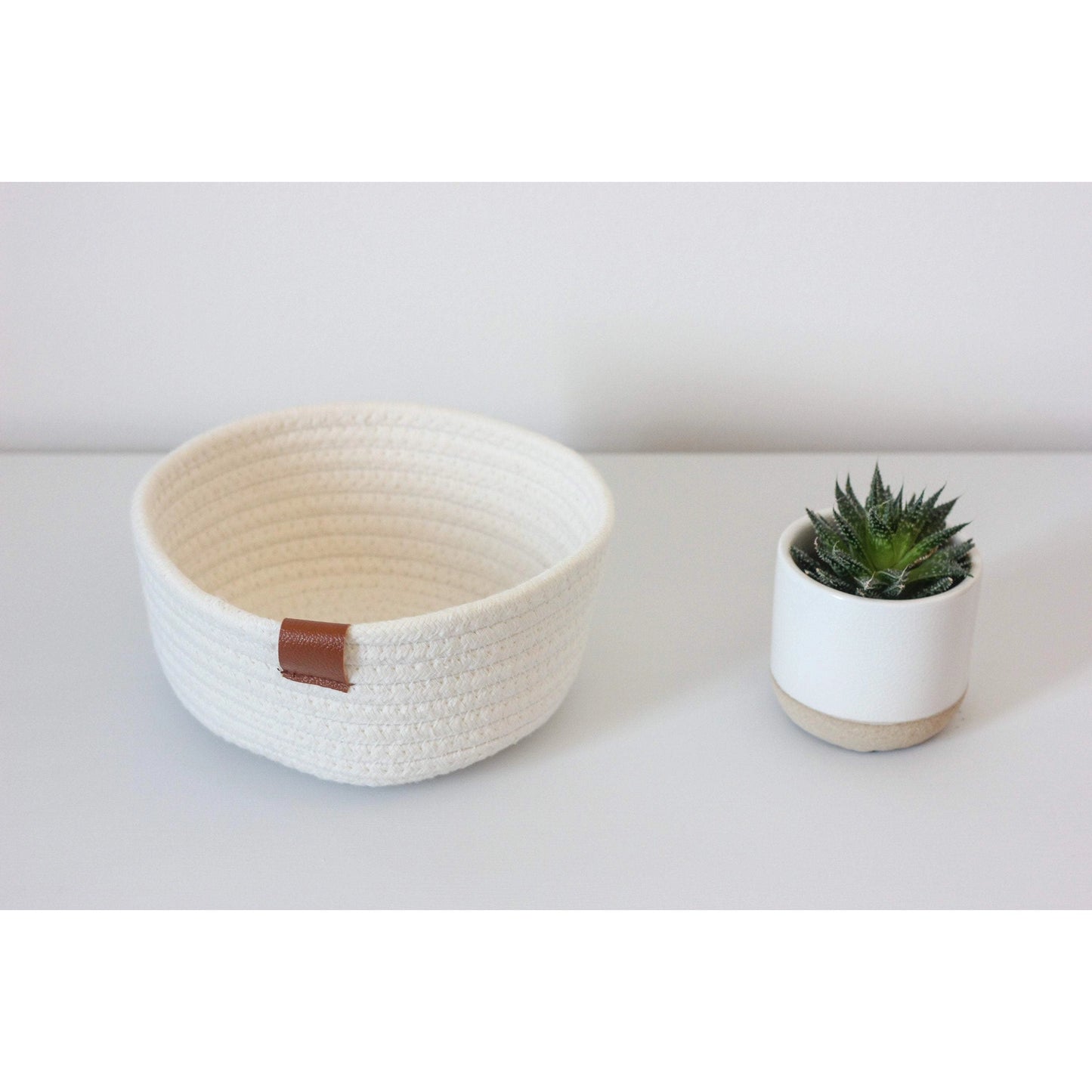 White Woven Cotton Rope Round Basket with Leather Accent