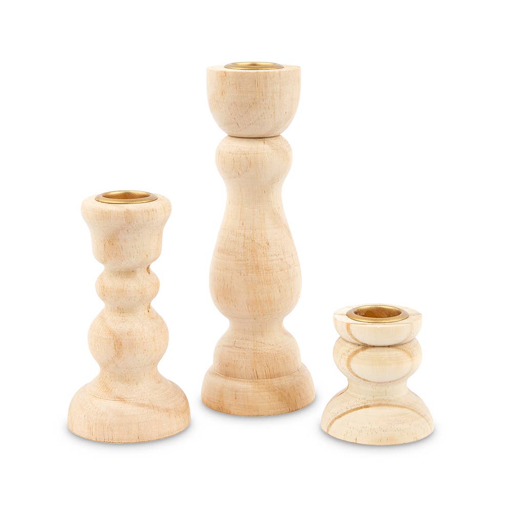Wood Spindle Taper Candle Holders - Set of 3